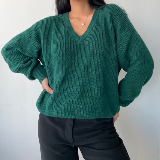 TNA Forest Green V-Neck Chunky Ribbed Knit Jumper - Medium