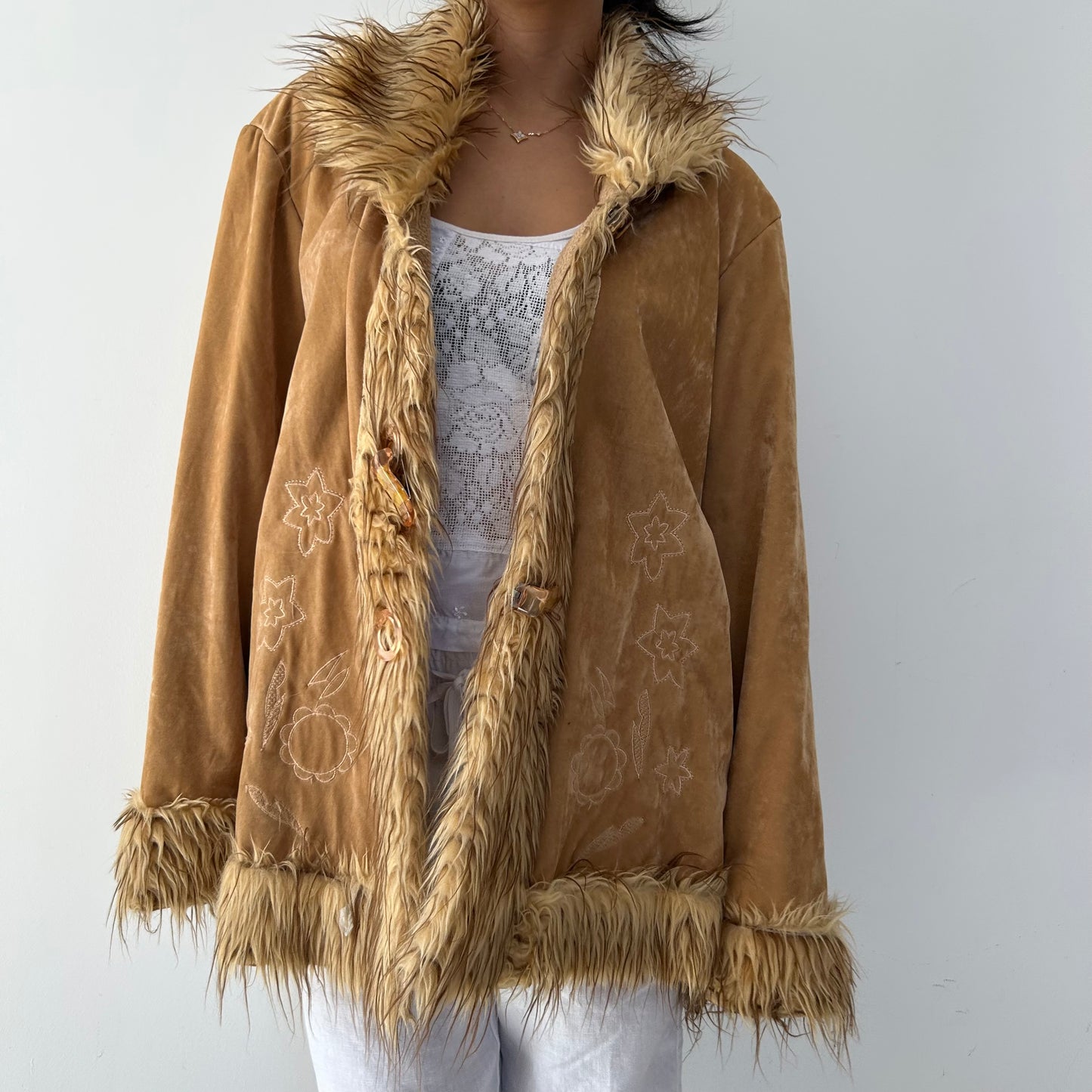 Tan Embroidered Penny Lane Coat with Faux Fur Trim - X-Large