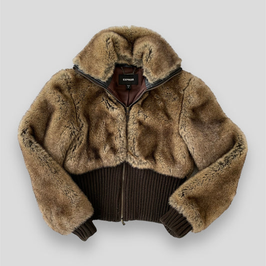 Express Brown Y2K Faux Fur Jacket - Small