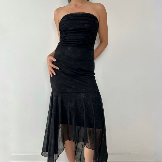 Vintage 90s Made in Canada Black Strapless Ruched Midi Dress - Small