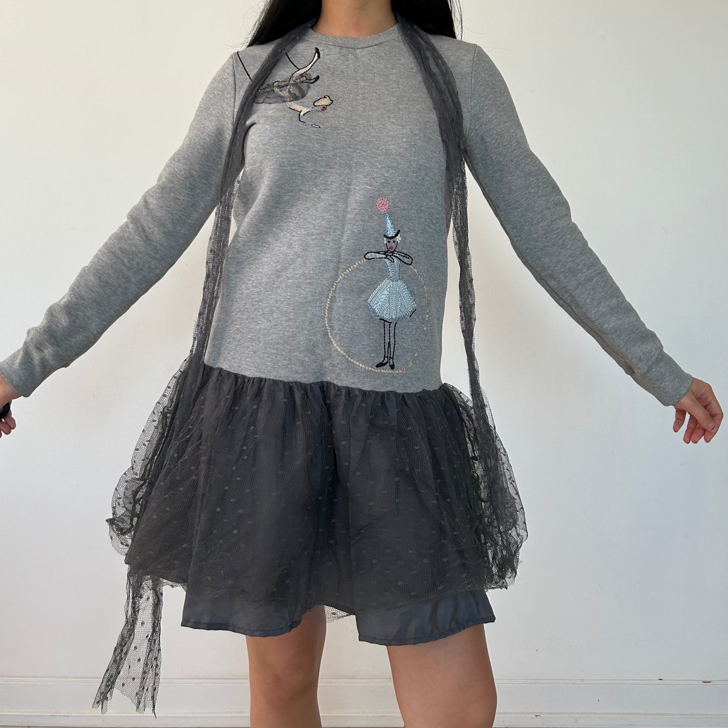 Red Valentino Pre-Fall 2015 Circus Embroidered Tulle-Layered Sweater Dress in Grey - X-Small