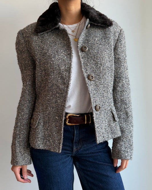 Italian Brand Grey Wool Mohair Faux Fur Collar Tweed Jacket - Medium