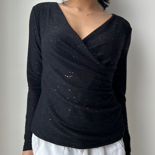 Vintage 90s Made in Canada Black Long Sleeve Wrap Top - Medium