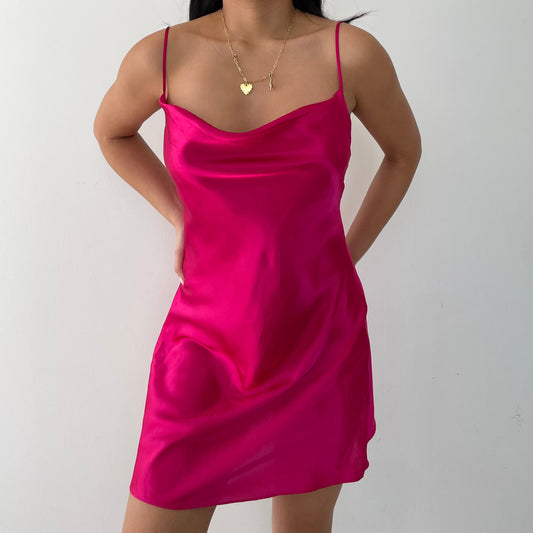 La Senza Hot Pink Cowl Neck Satin Slip Mini Dress - Small