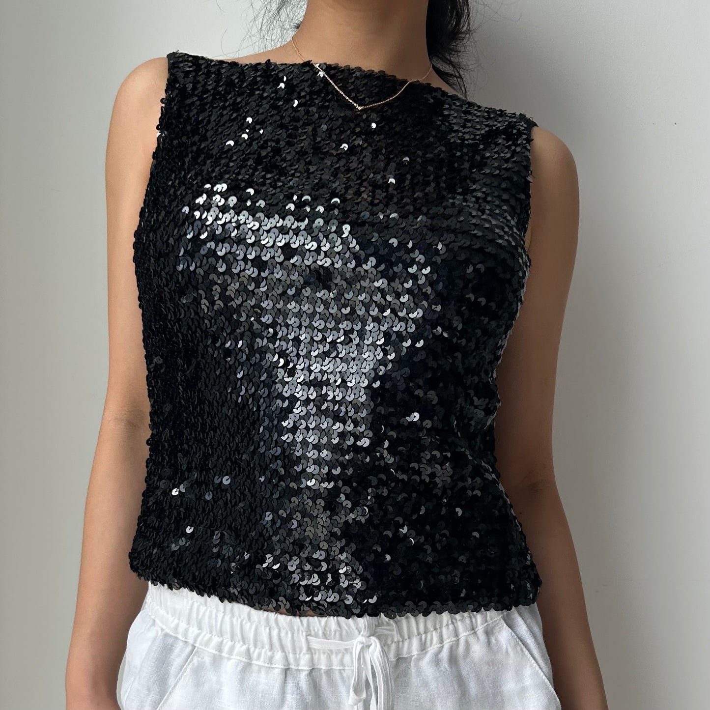 Vintage 90s Made in USA Scott McClintock Square Neck Black Sequin Tank - X-Small