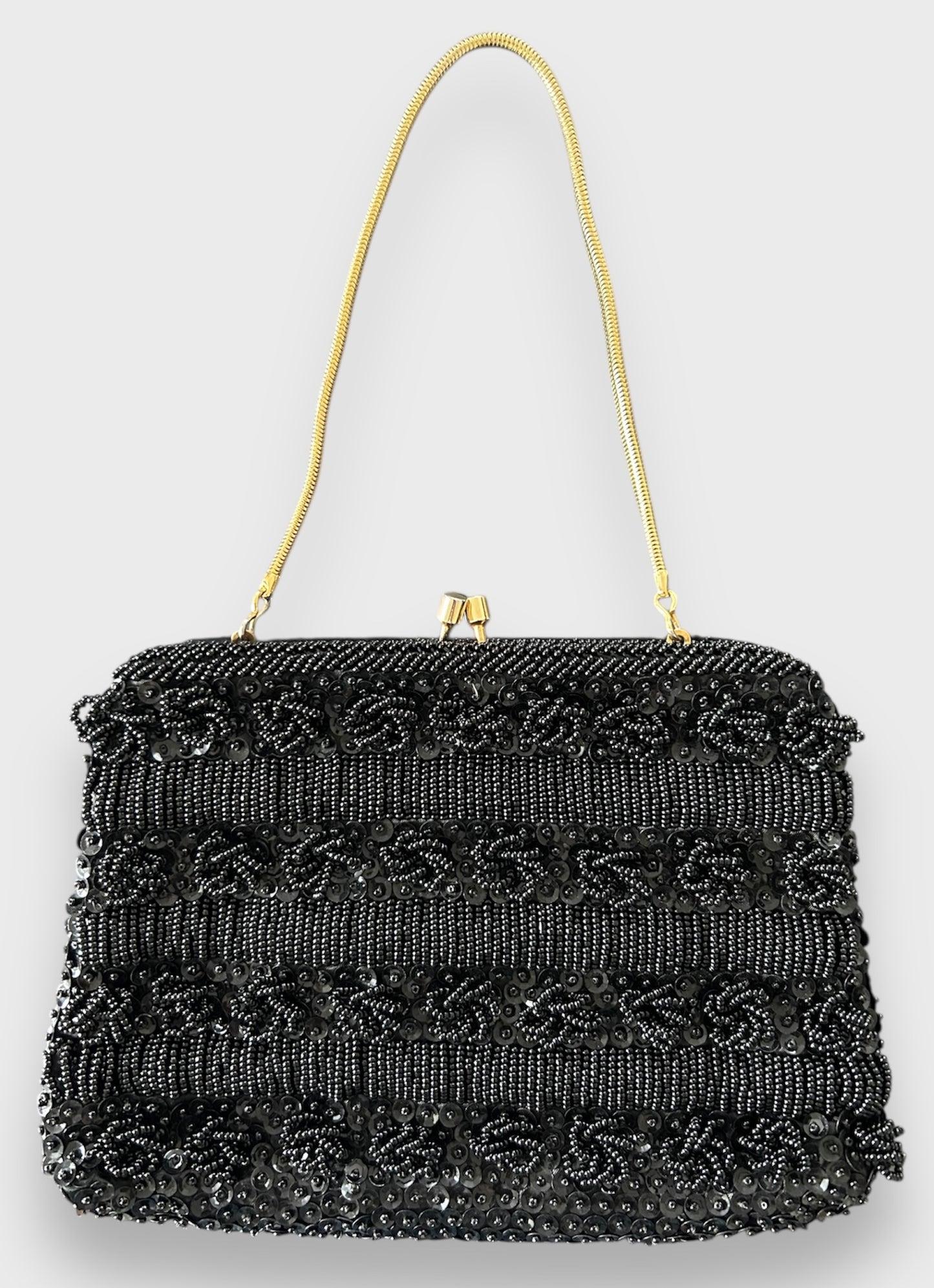 1960s Black Beaded Kiss Lock Evening Bag