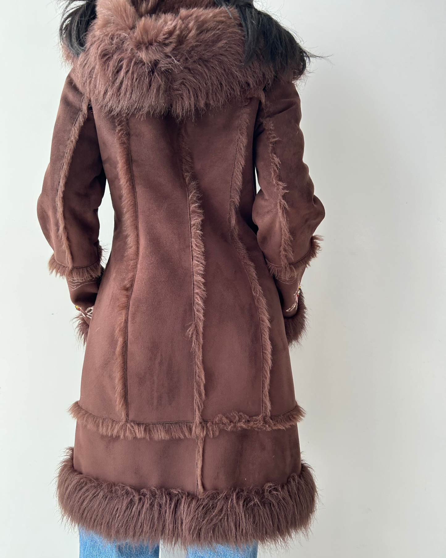 Aldo Brown Faux Shearling Embroidered Penny Lane Coat - Small