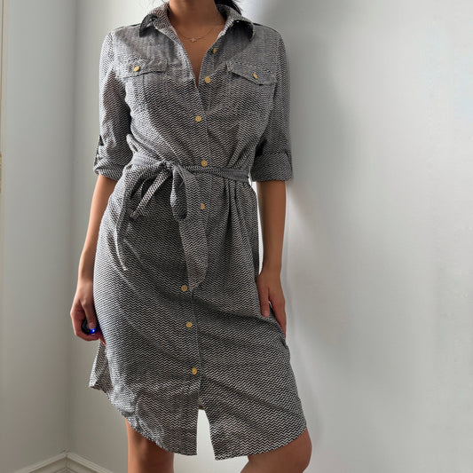 Tory Burch Black and White Chevron Belted Shirt Dress - Small