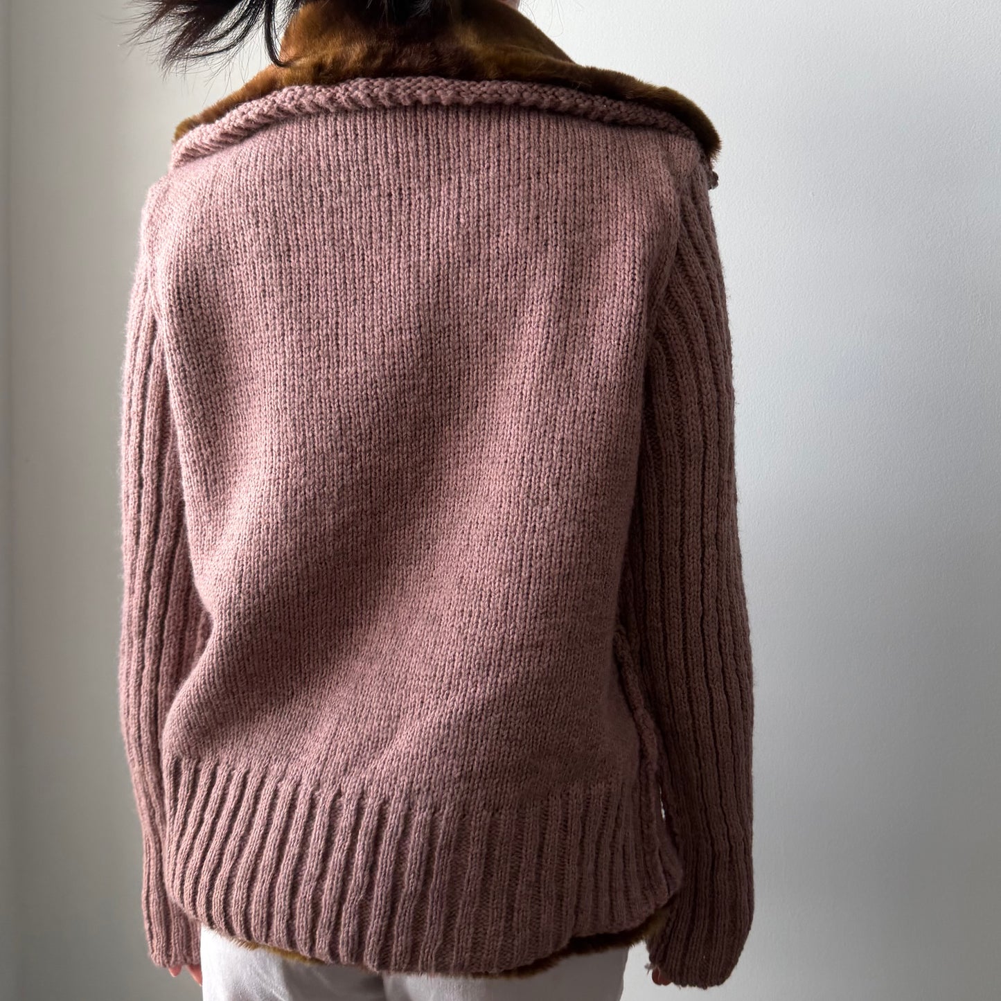 Miss Sixty Pink Wool Knit Faux Fur Trim Jacket - Large