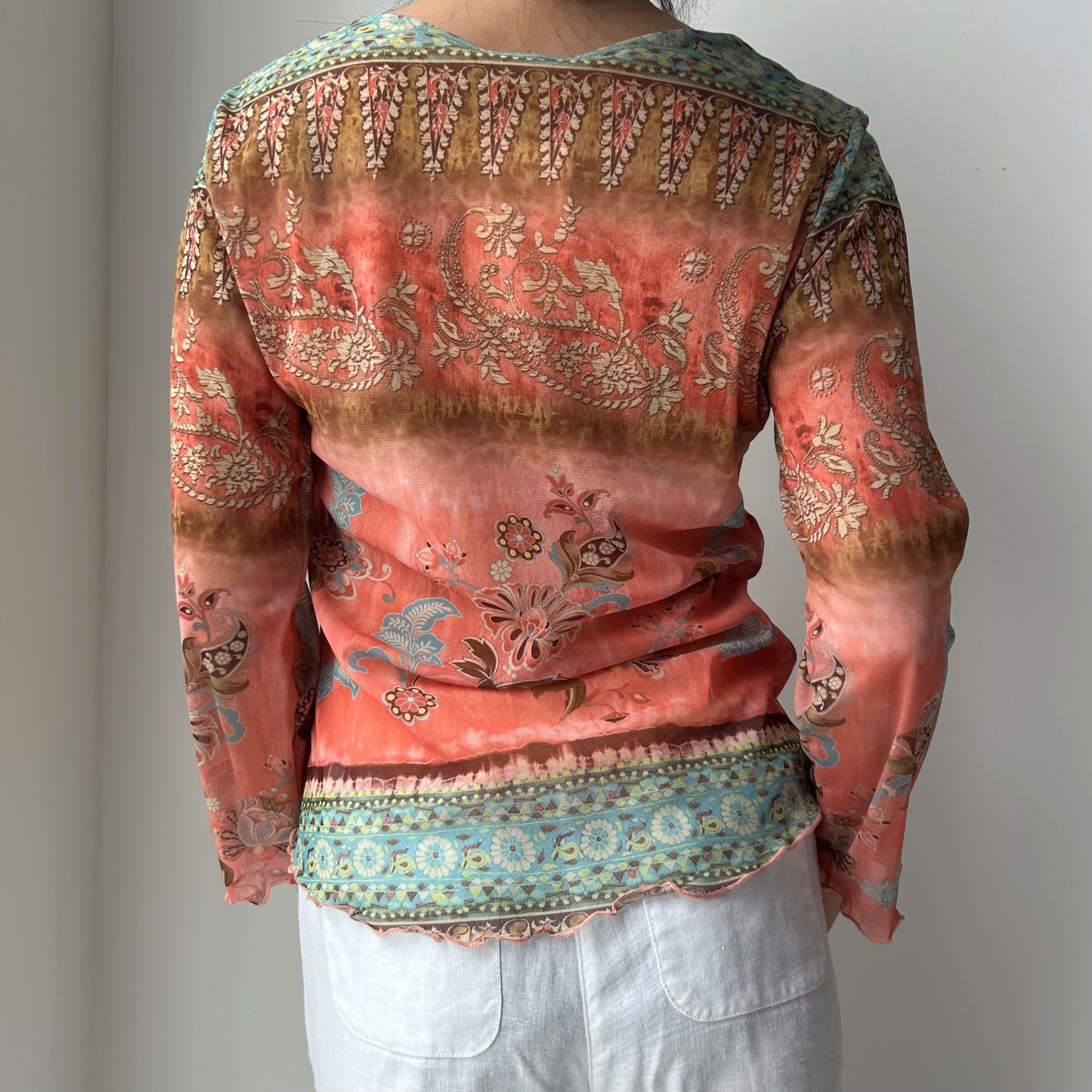 Orange Mesh Patterned Long Sleeve Blouse - Large