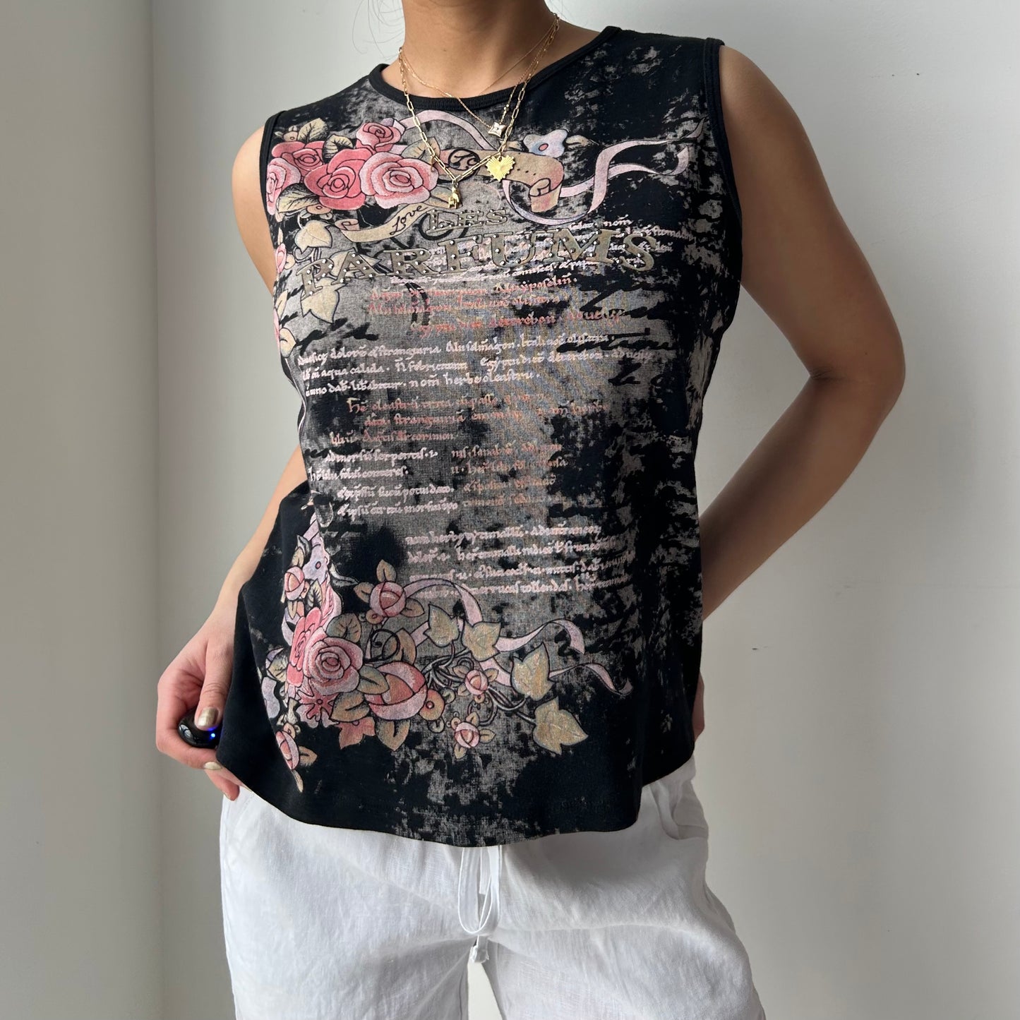 Vintage 1990s Made in USA Susan Lawrence Black Graphic Muscle Tee - Medium