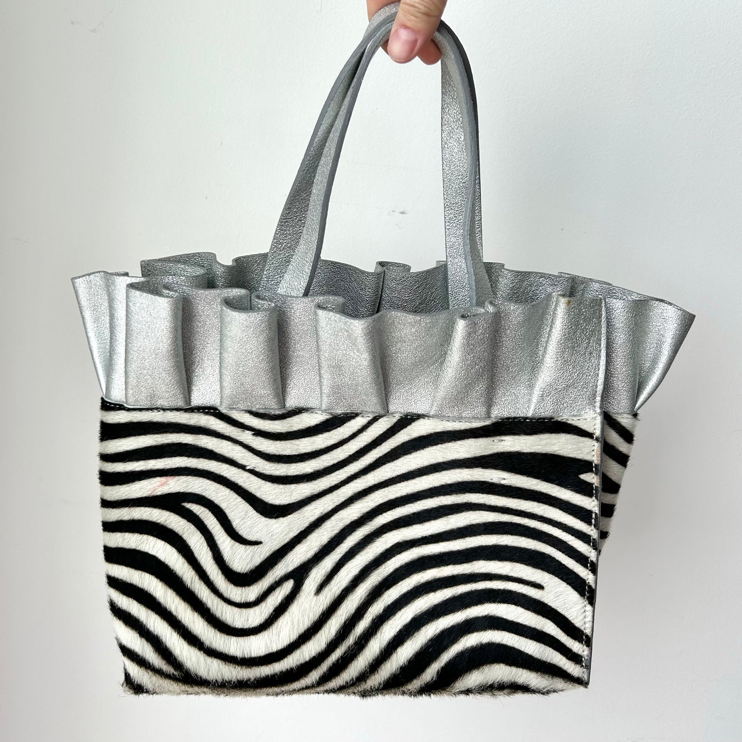 Lia Numa Silver Ruffle and Zebra Calf Hair Crossbody Bag