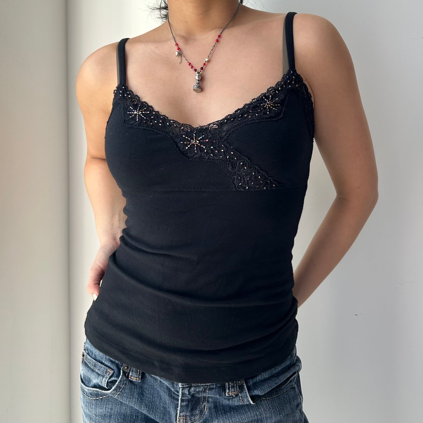 Jacob Connexion Black Lace Trim Beaded Cami - X-Small