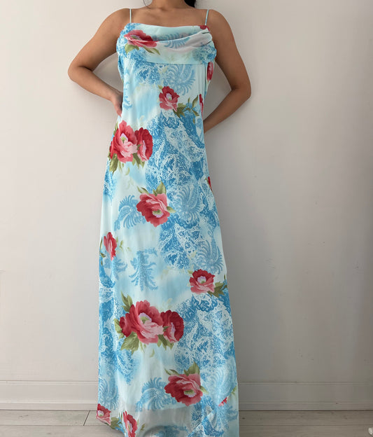 1990s Alyn Paige Made in USA Blue Floral Maxi Dress - Large