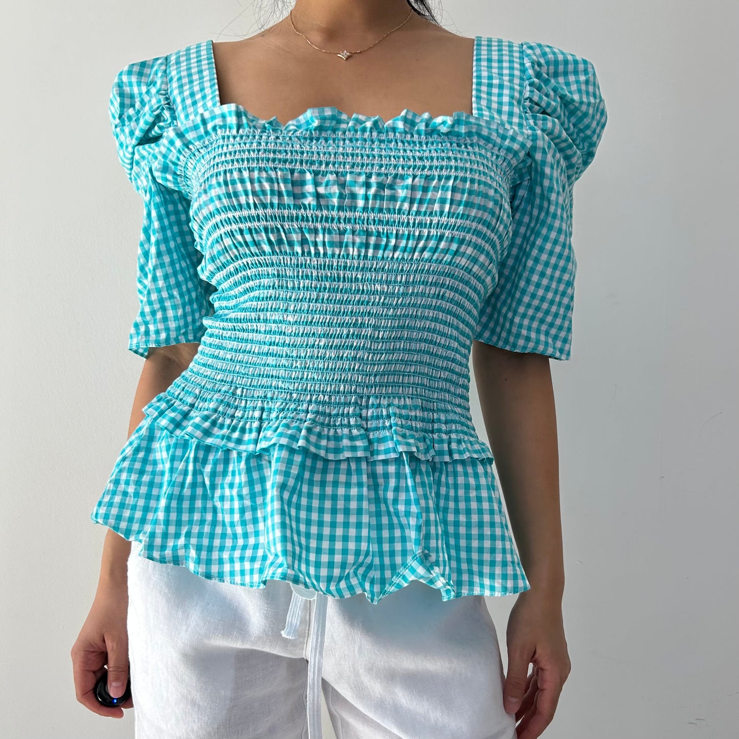 Amanda Uprichard Teal Gingham Smock Top - Large