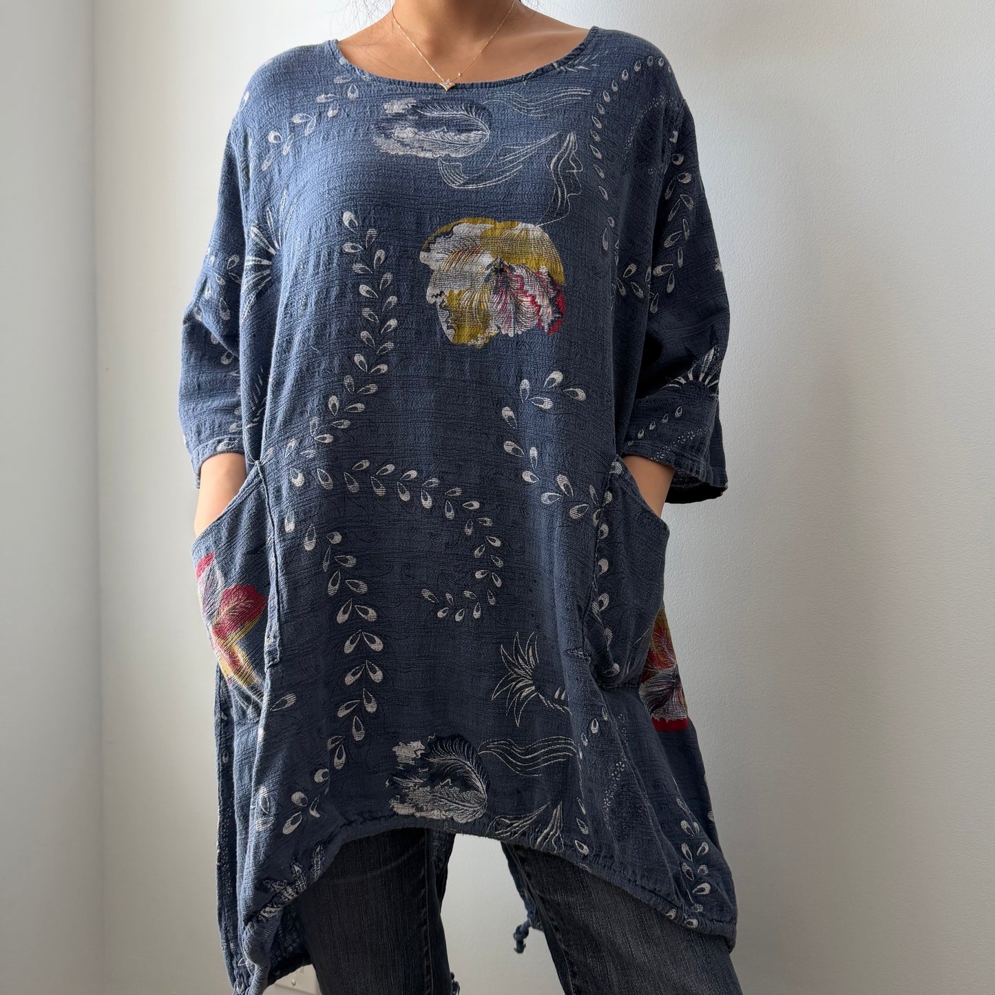 Made in Italy Blue Short Sleeve Floral Tunic - X-Large