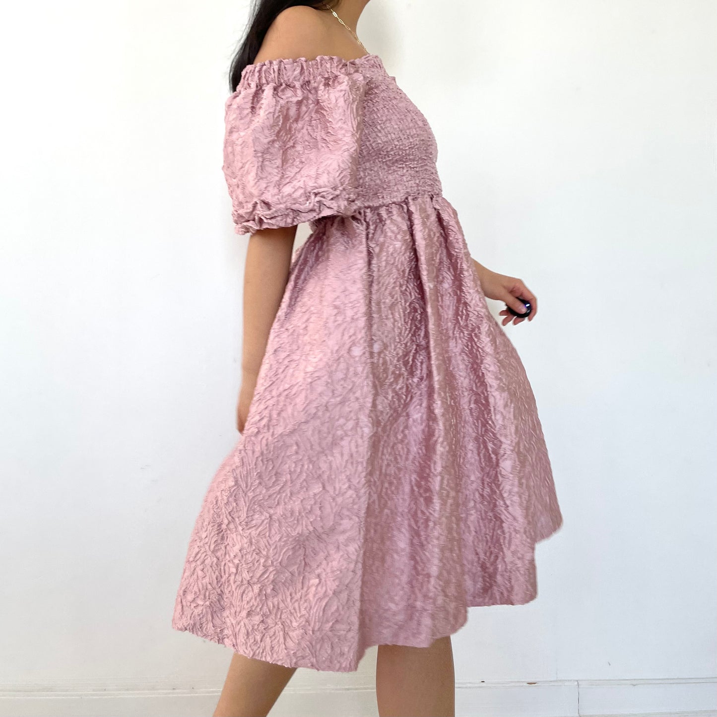 Sister Jane Pink Jacquard Puff Sleeve Mini Dress - X-Small