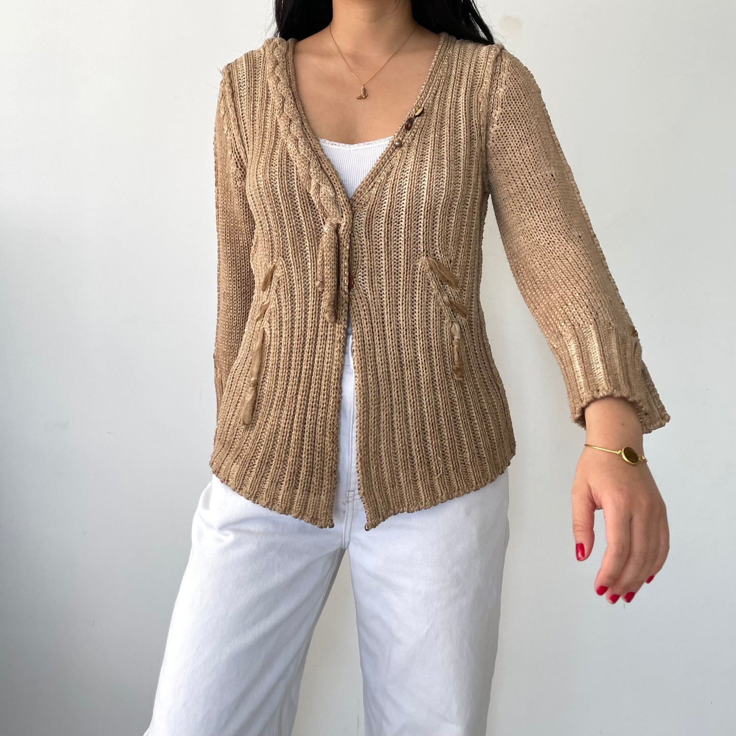 Elisa Cavaletti Tan V-Neck Chunky Knit Cardigan - Small