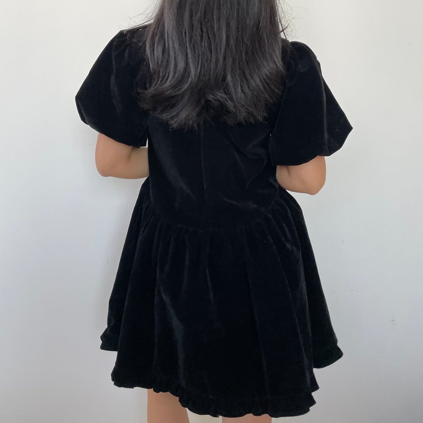 Black Velvet Short Sleeve Babydoll Dress - Small