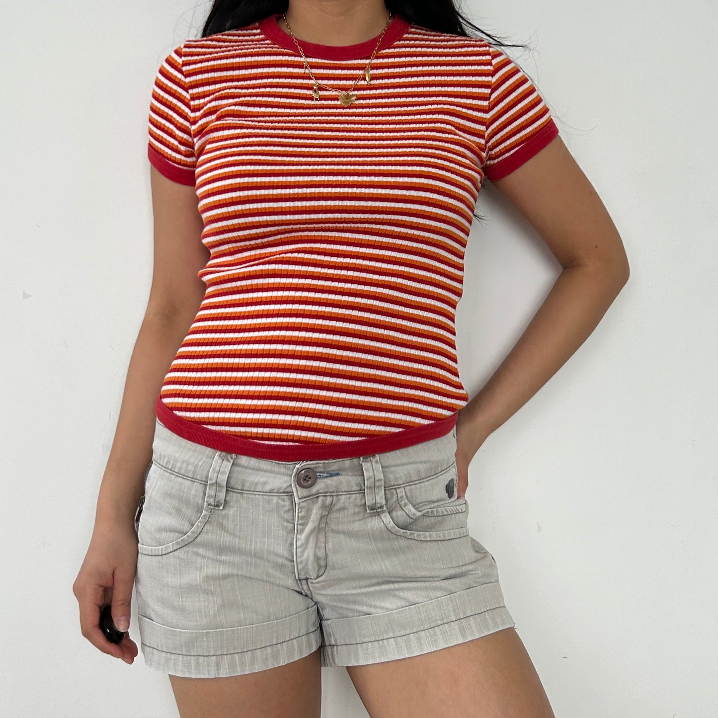 Esprit Red, Orange, and White Striped Ringer Tee - Small
