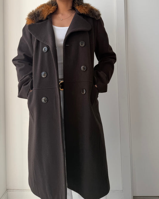Morgan de Toi Brown Double Breasted Wool Coat with Faux Fur Trim - Medium