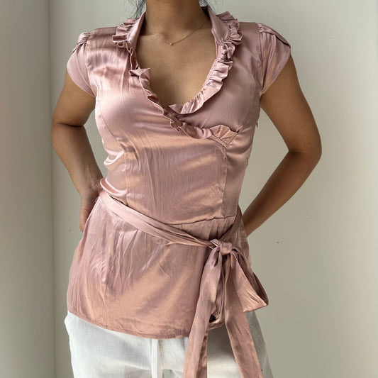 Le Château Pink Ruffle Trim Silk Short Sleeve Wrap Top - X-Small