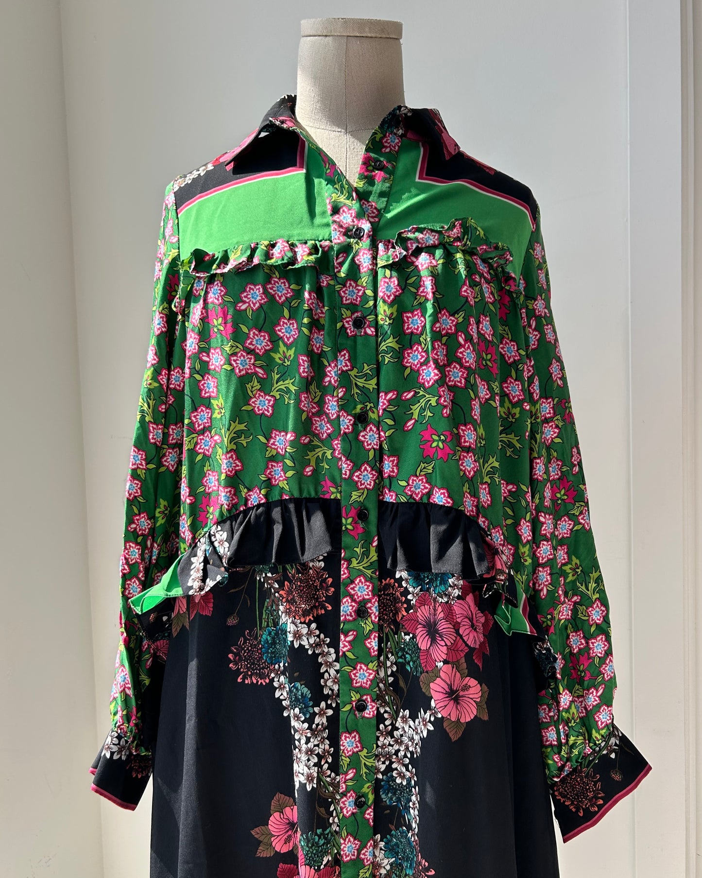 Sandro Green Floral Silk Shirt Dress - Medium