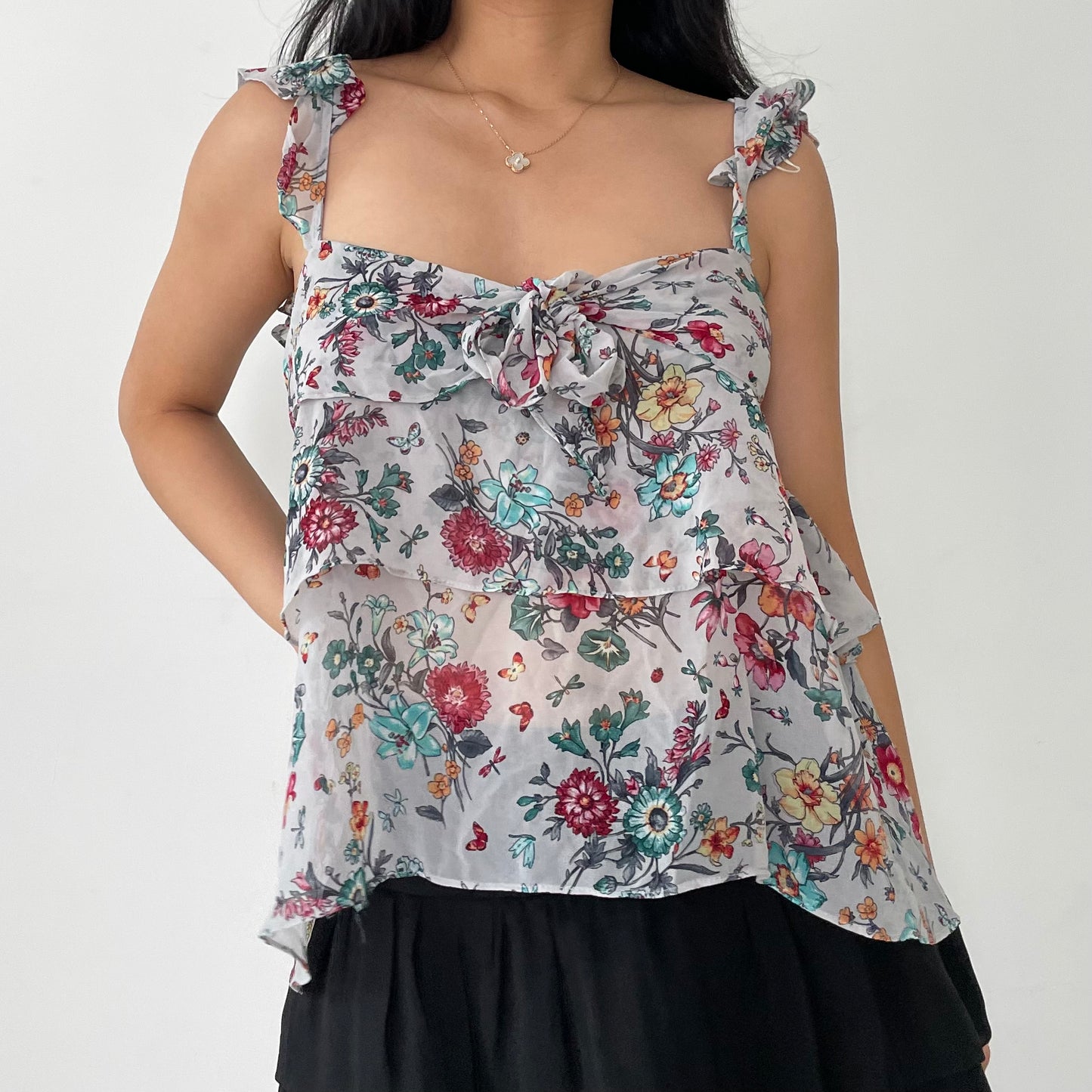 Old Label Zara Grey Floral Knot Front Ruffle Blouse - Small