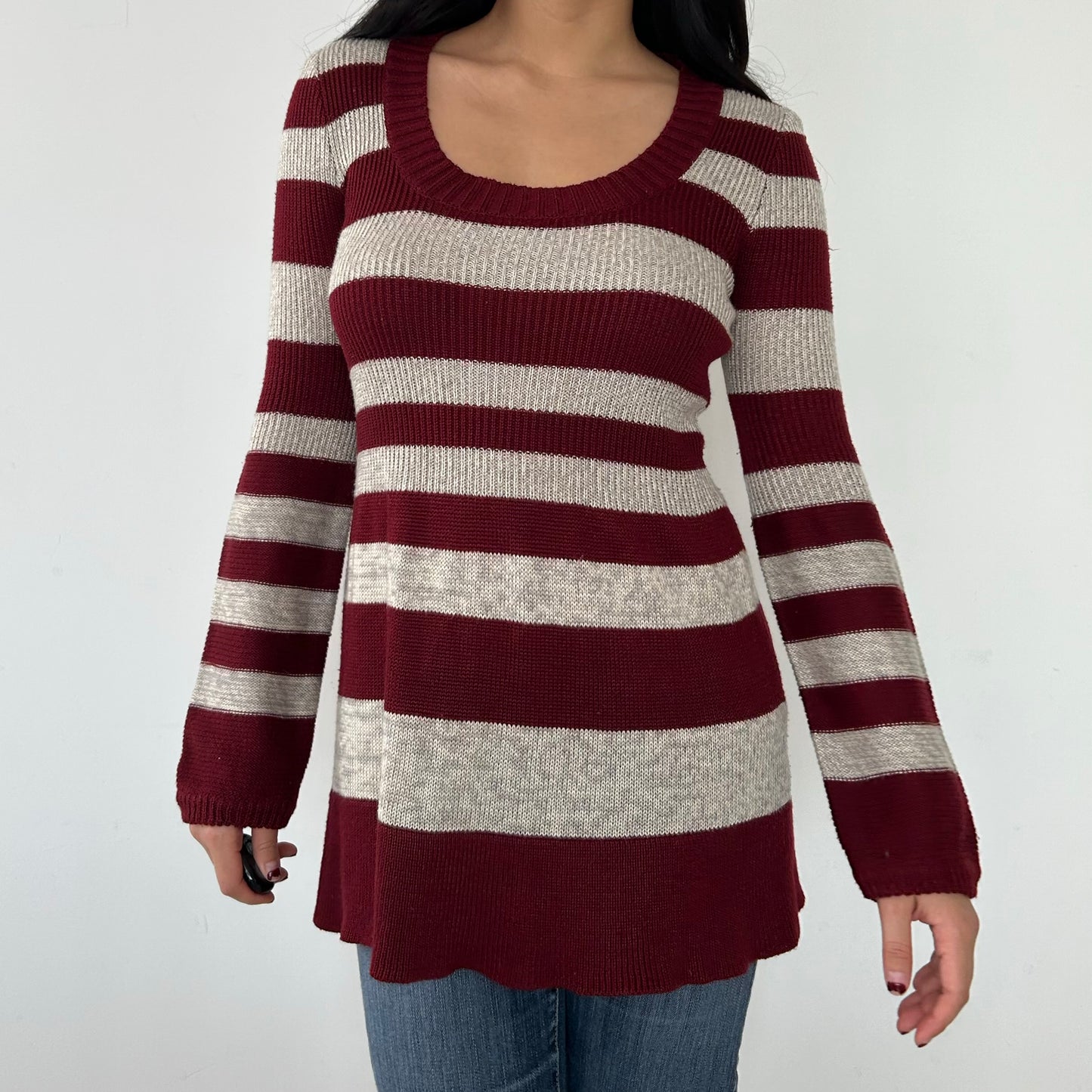 Burgundy Striped Babydoll Long Sleeve Knit - Medium