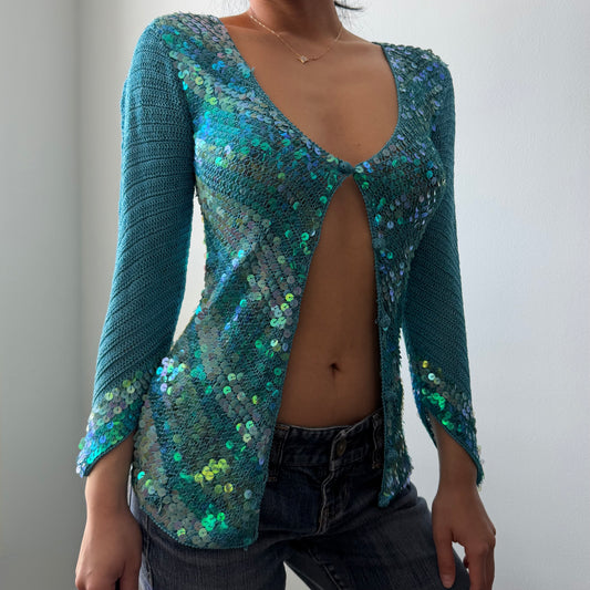 Turquoise Sequin Knit Cardigan - X-Small