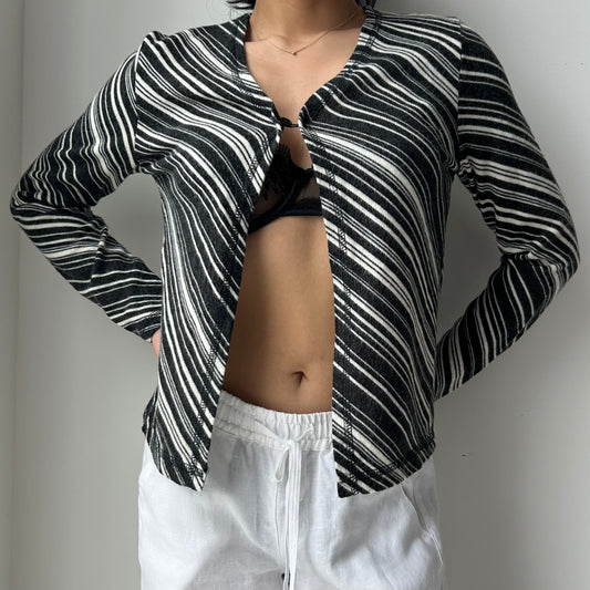 Made in France Black and White Striped Single-Button Cardigan - Medium