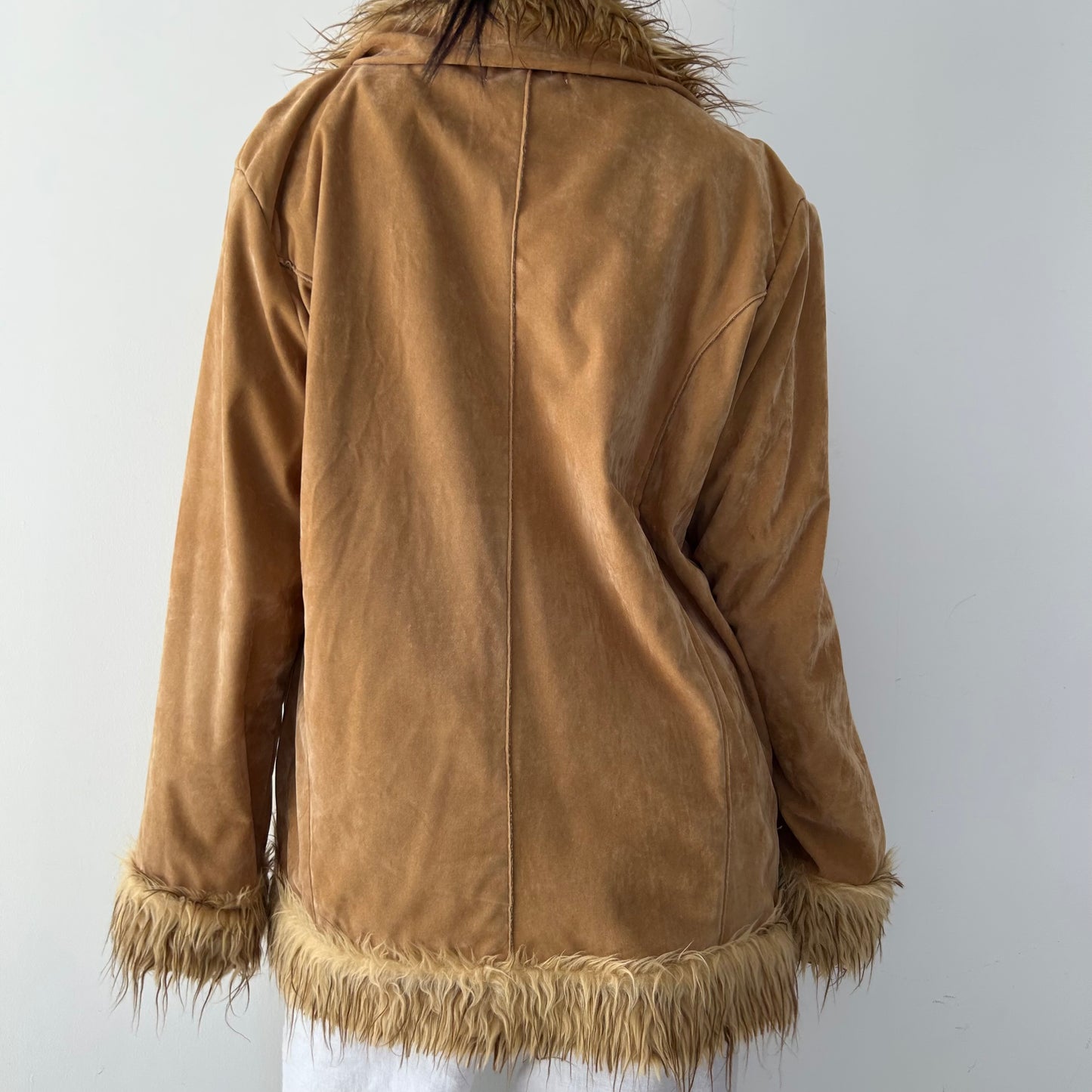 Tan Embroidered Penny Lane Coat with Faux Fur Trim - X-Large