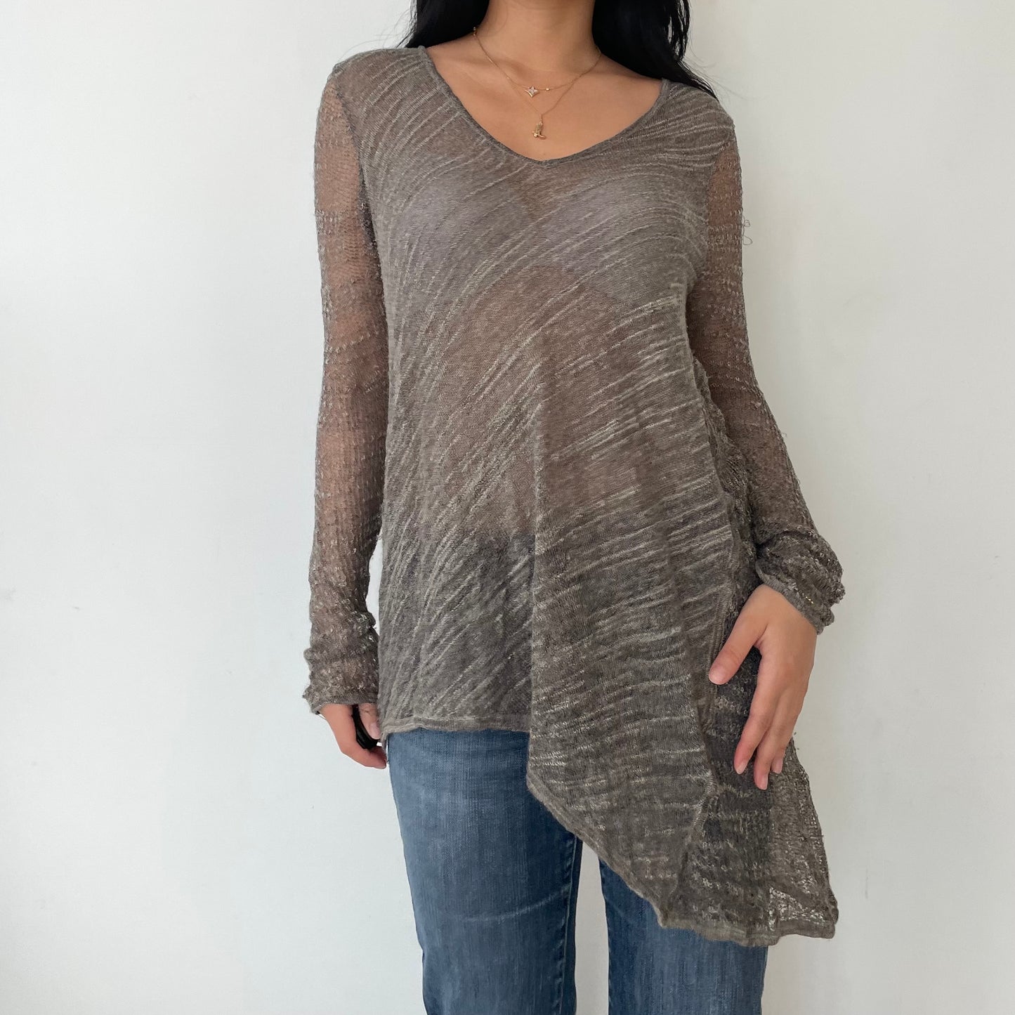 Helmut Lang Grey Long Sleeve V Neck Asymmetrical Knit - Large