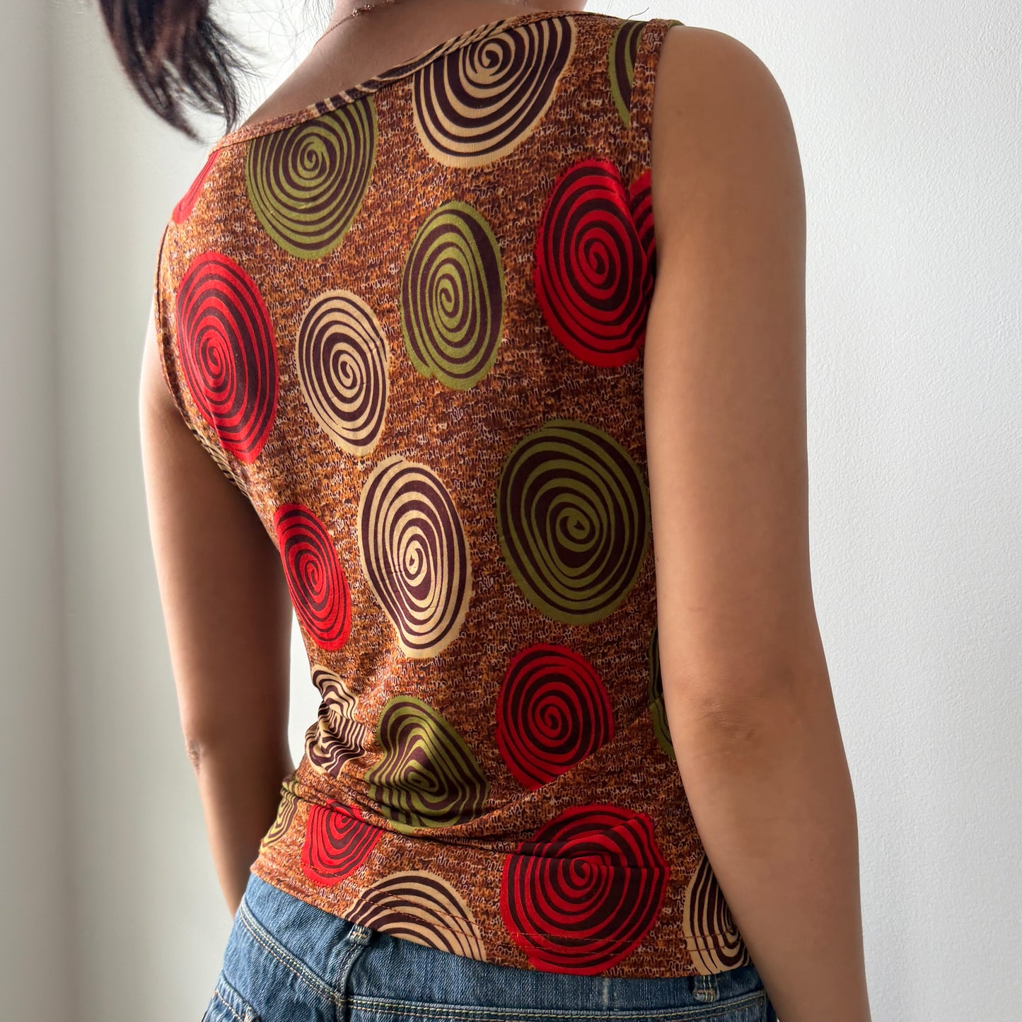 Earth Toned Printed Slinky Cowl Neck Tank - Small