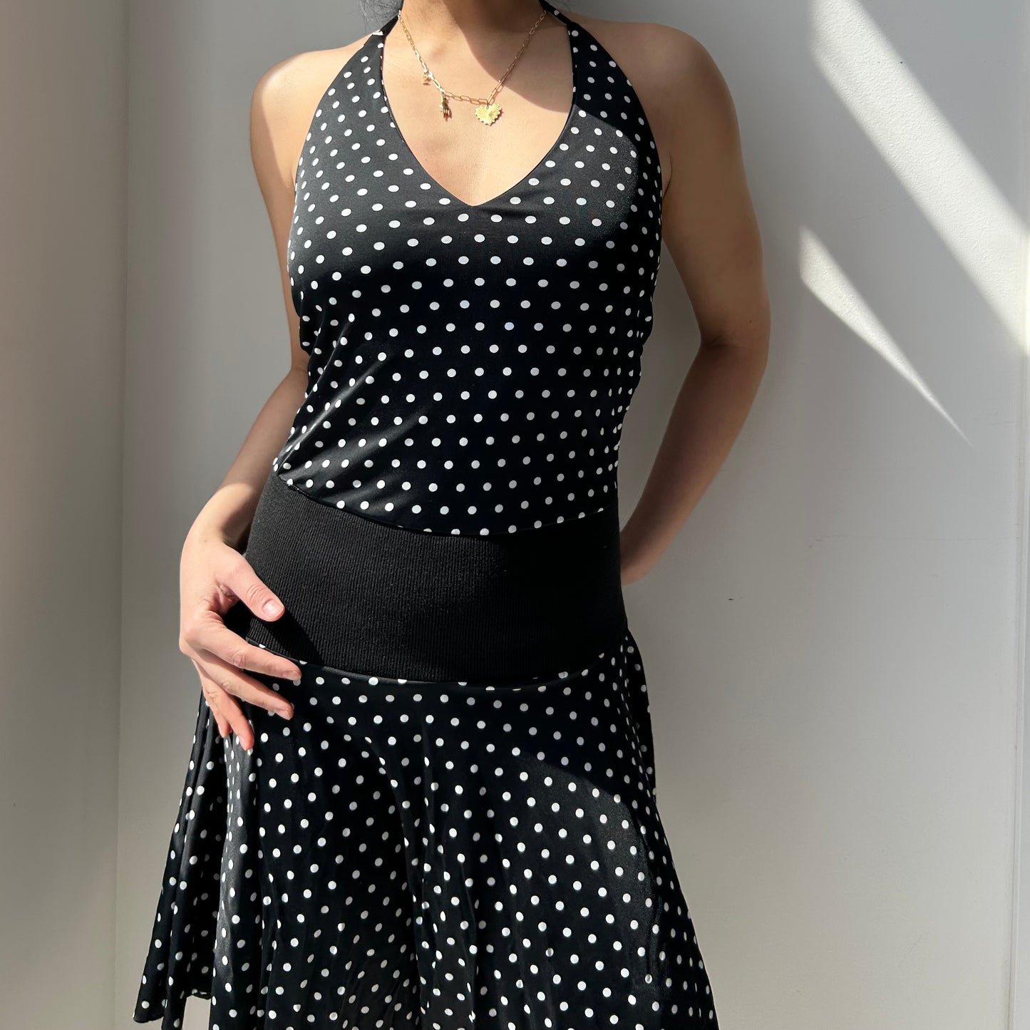 Vintage 90s Black and White Polka Dot Halter Handkerchief Dress - Small