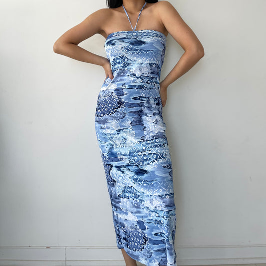 Morgan de Toi Blue and White Tropical Print Halter Neck Maxi Dress - X-Small