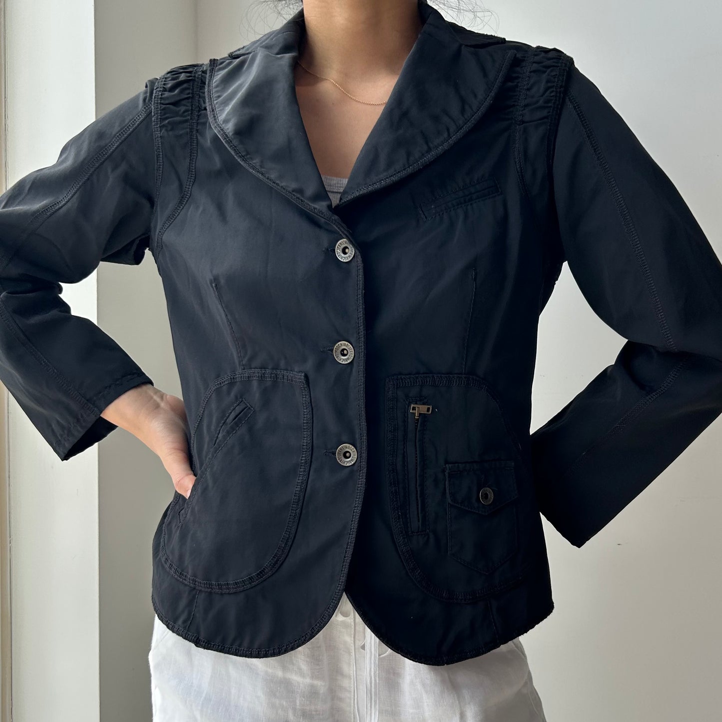 Moschino Jeans Black Button Front Convertible Utility Jacket - Small
