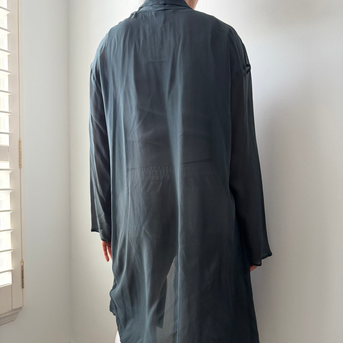 Eileen Fisher Dark Teal Silk Open Front Longline Cardigan - Medium