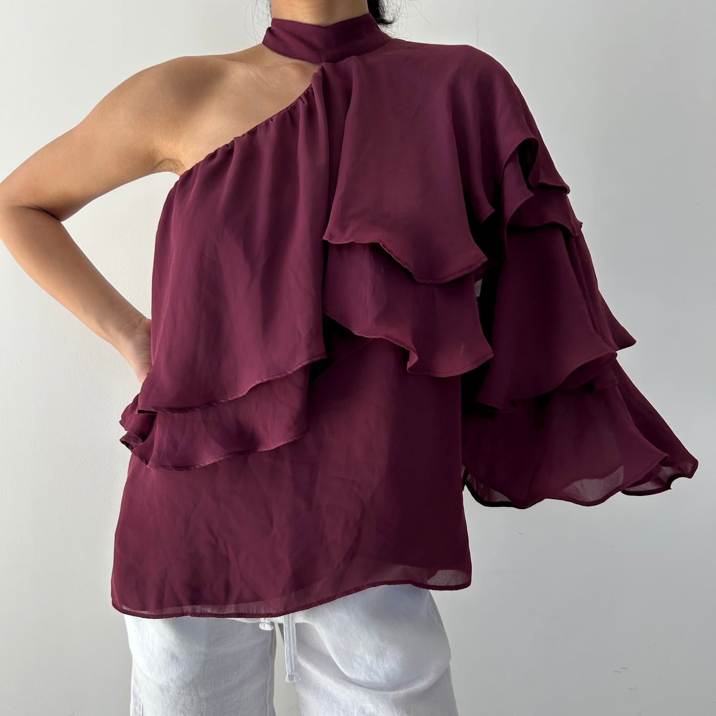 Parker Burgundy One-Shoulder Chiffon Top - Small