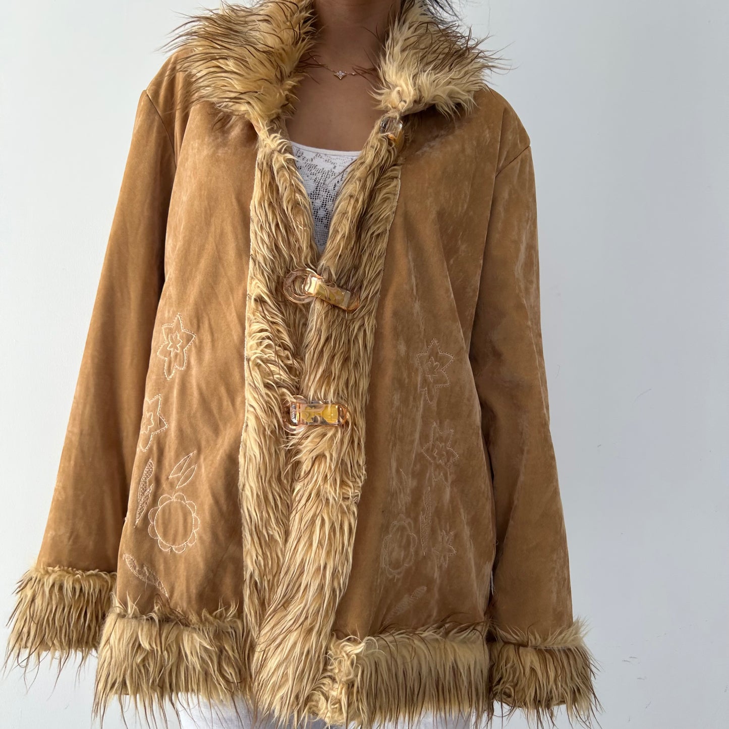 Tan Embroidered Penny Lane Coat with Faux Fur Trim - X-Large