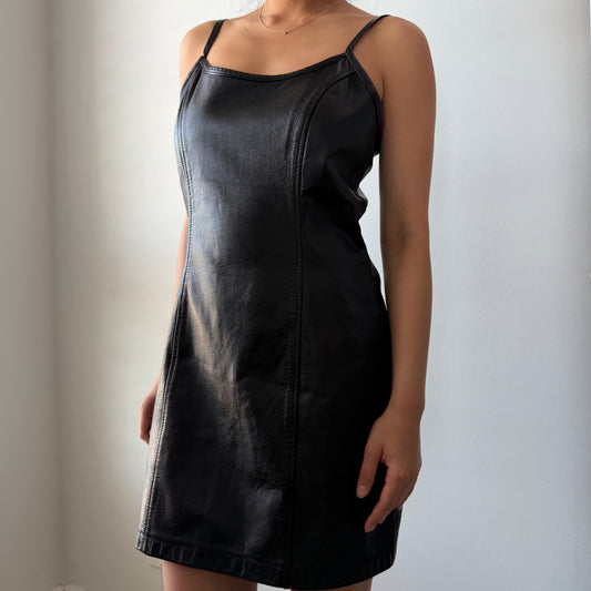90s Made in Canada Black Leather Mini Dress - Medium