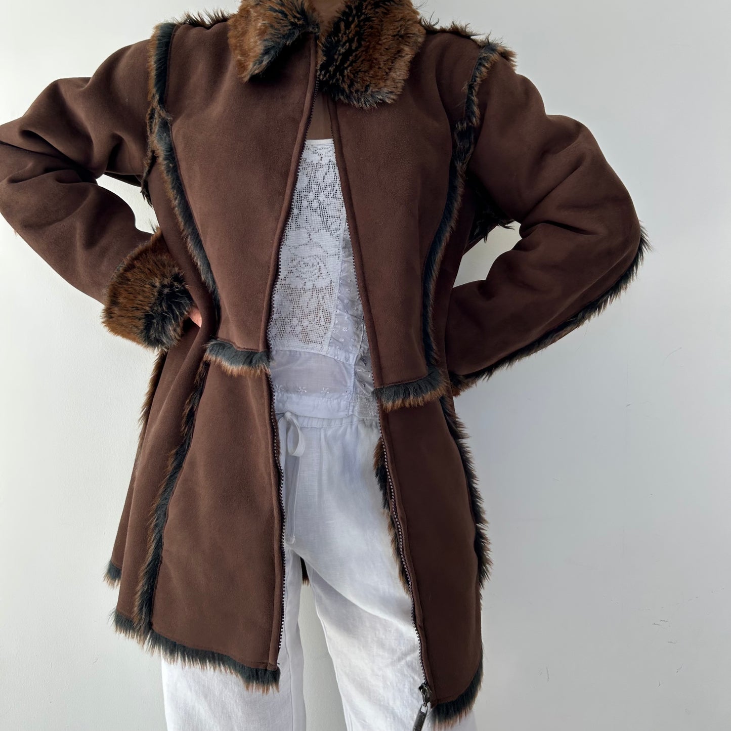 Brown Faux Shearling Full Zip Coat - Large