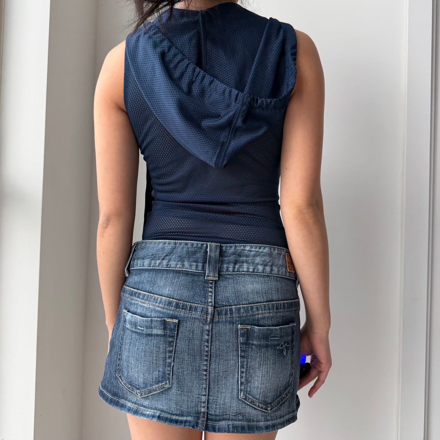 True Religion Navy Mesh Knit Hooded Bodysuit - X-Small