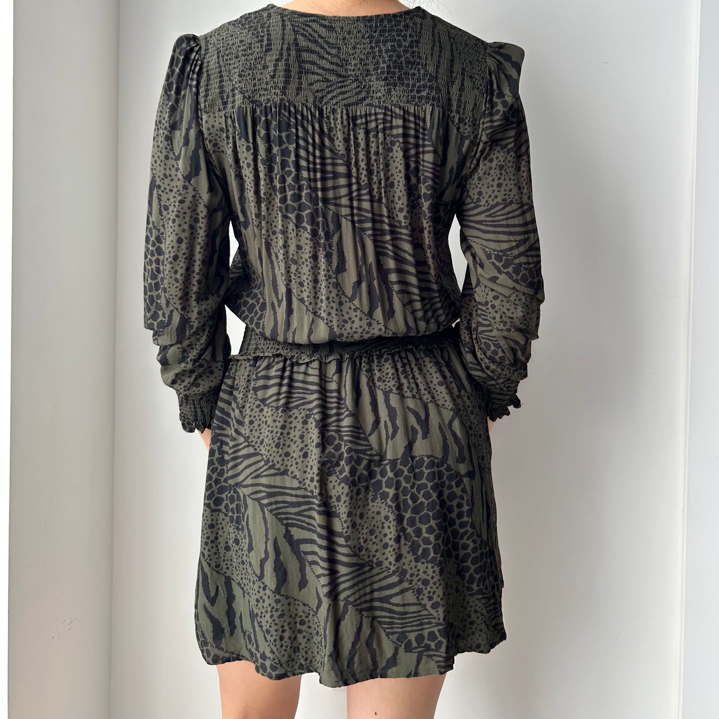 Rails Olive Green and Black Animal Print Long Sleeve Mini Dress - Small