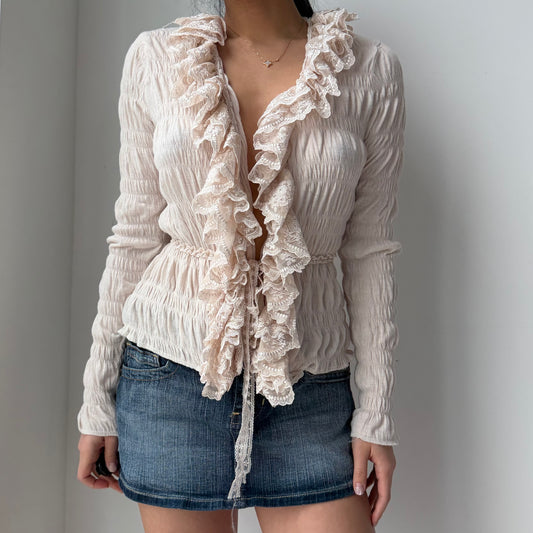 Cream Crinkled Chiffon Ruffle Top - X-Small