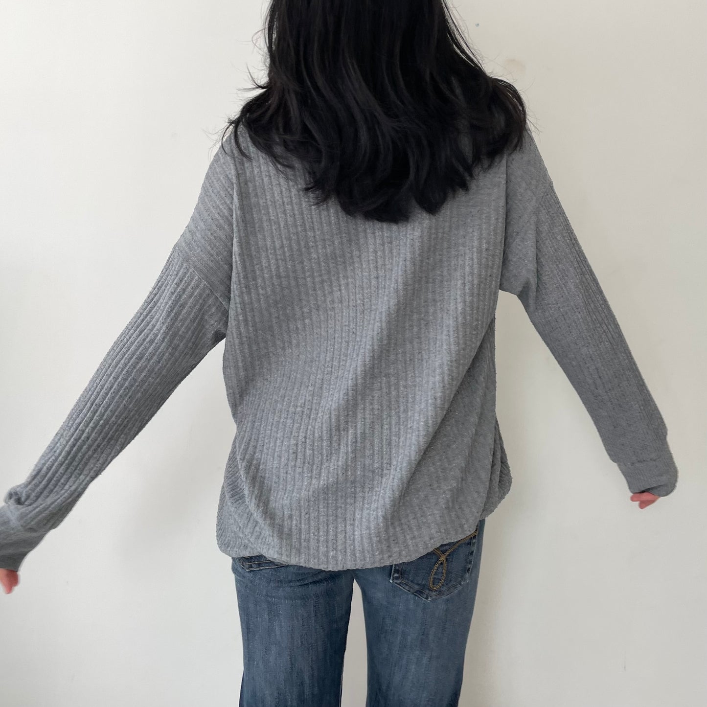 Eberjey Livid Grey Ribbed Long Sleeve Relaxed Knit Top - Large