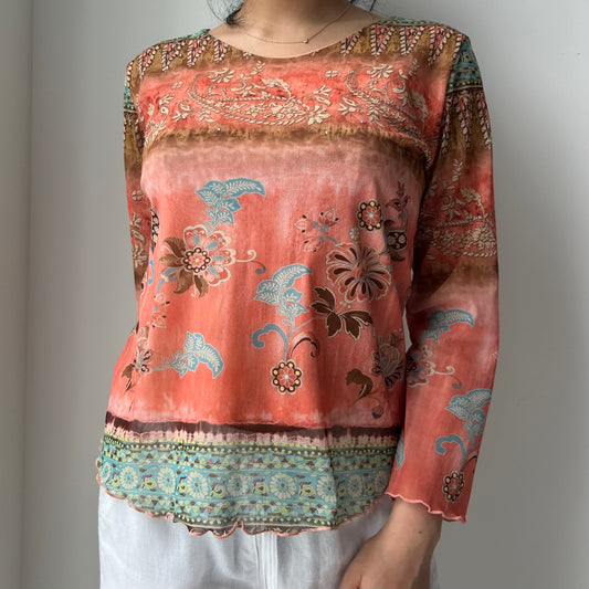 Orange Mesh Patterned Long Sleeve Blouse - Large