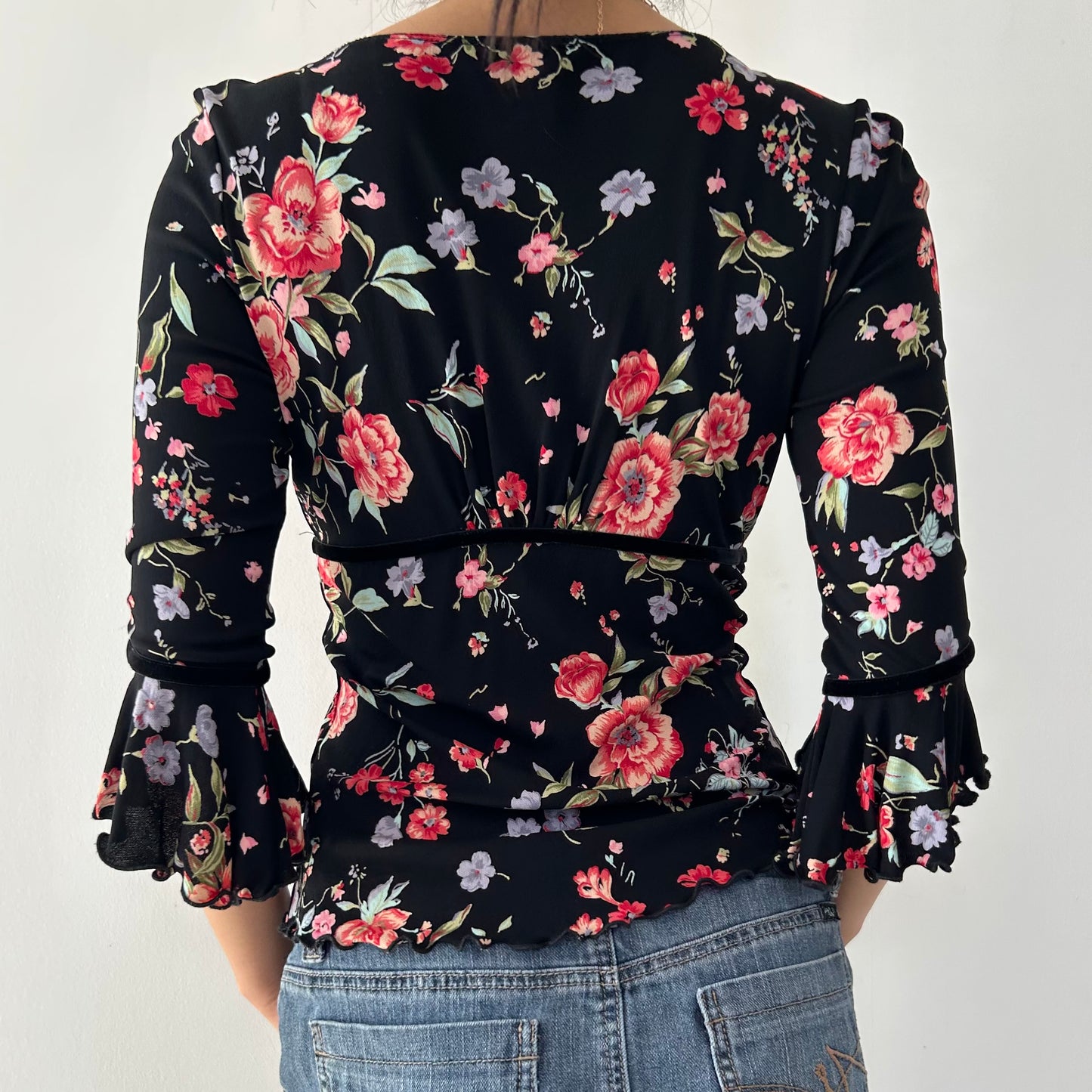 Made in USA Bebe Black Floral Tie Front Top - X-Small