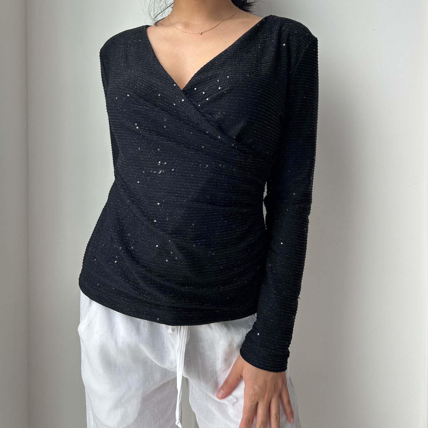 Vintage 90s Made in Canada Black Long Sleeve Wrap Top - Medium