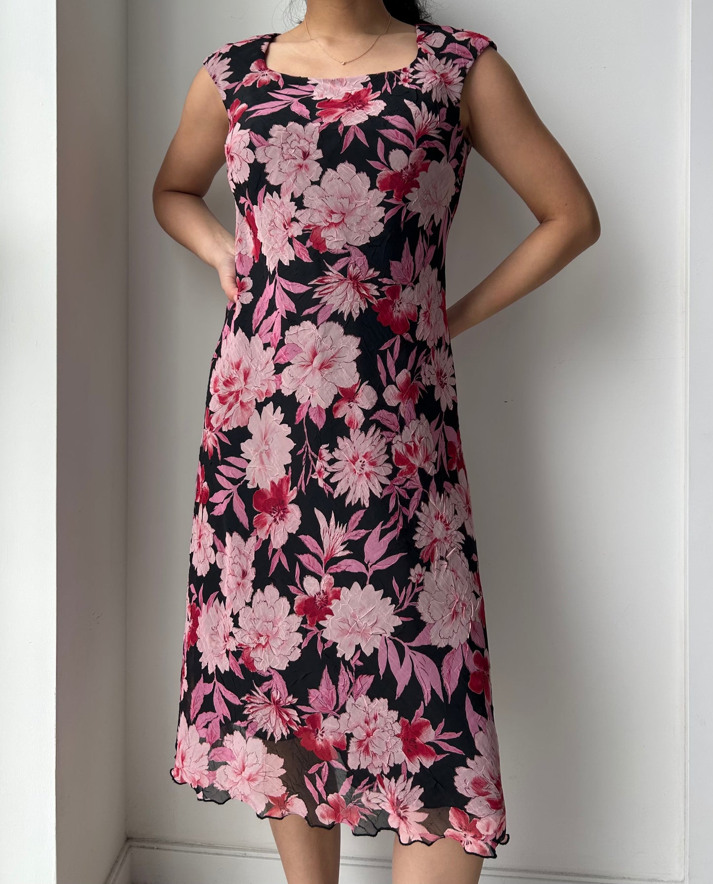 Vintage 90s Made in Canada Pink Floral Midi Dress - Small